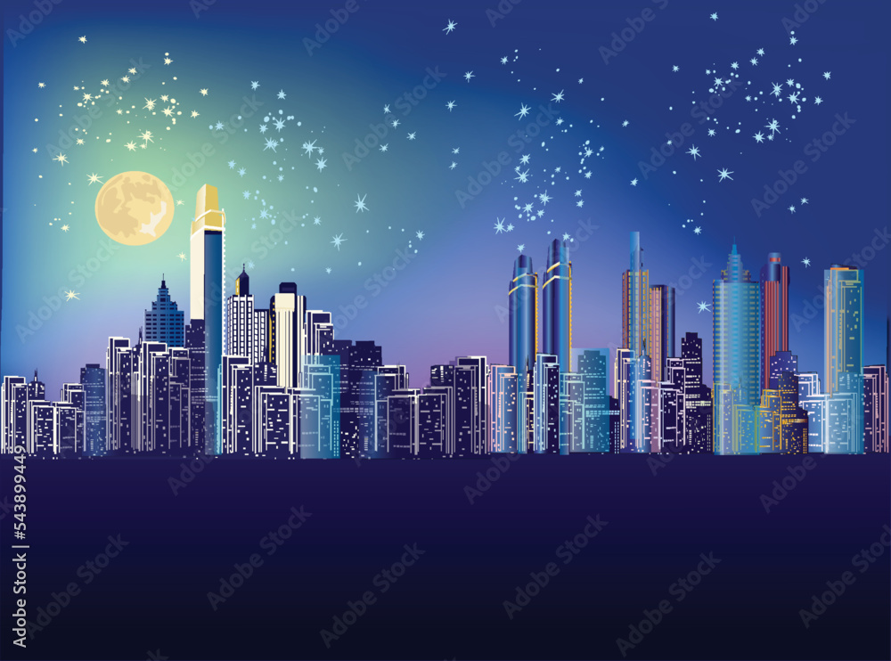 city landscapes under star dark blue sky
