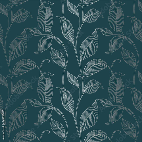 Luxury seamless pattern with striped leaves. Elegant floral background in minimalistic linear style. Trendy line art design element. Vector illustration. © Oleksandra