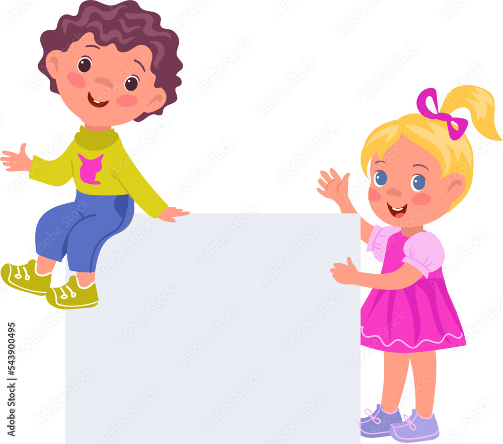 Children with banner. Pretty little boys and girls hold blank surface. Happy activists showing rectangular billboard together. Kids standing with empty placard. Vector illustration Children with banner. Pretty little boys and girls hold blank surface. Happy activists showing rectangular billboard together. Kids standing with empty placard. Vector illustration