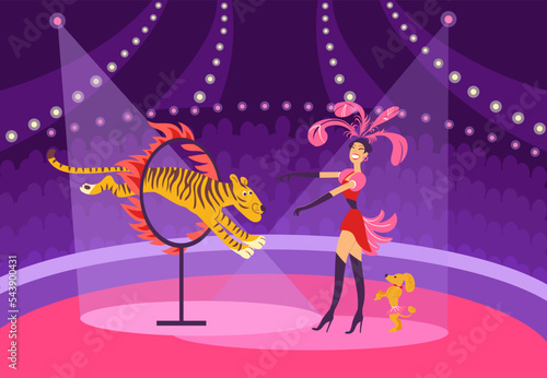 Cartoon circus show. Arena performance with trainers and animals. Public entertainment. Predators and spectators. Tiger jumping over fire ring. Poodle tricks. Splendid vector concept