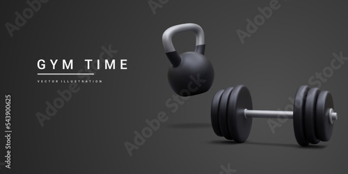 3d realistic banner with dumbbells and kettlebell isolated on black background. Vector illustration
