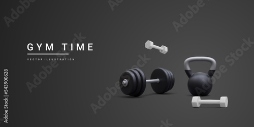3d realistic banner with dumbbells and kettlebell isolated on black background. Vector illustration