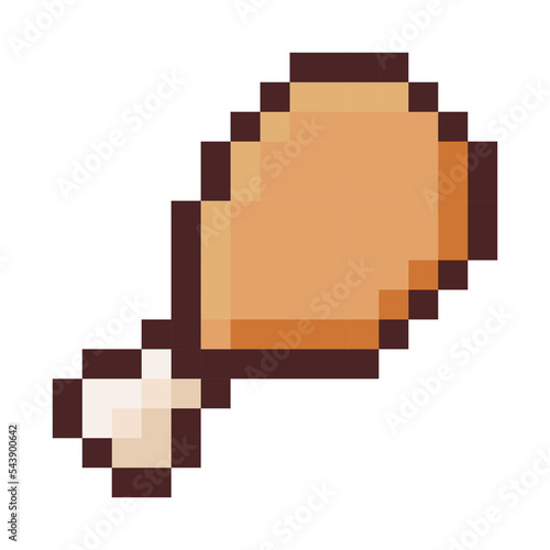 8 bit pixel fried chicken thigh. delicious chicken.
Pixel graphics. 
Vector illustration isolated on white background.
