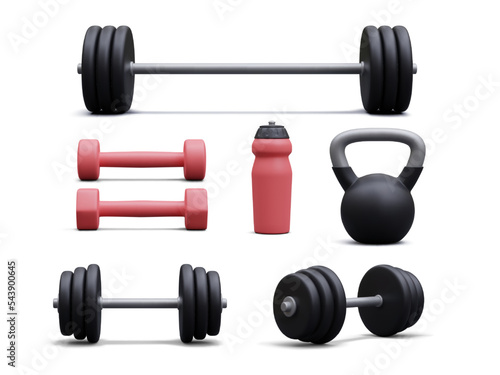 Set of 3d realistic bodybuilding equipment isolated on white background. Vector illustration