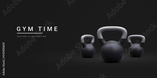 3d realistic banner on sports theme with metal heavy weight on a dark background. Gym time. Vector illustration