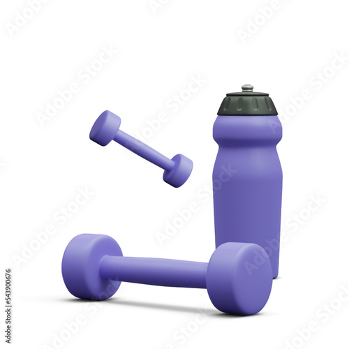 Set of 3d realistic sport equipment. Dumbbells and water bottle isolated on light background. Healthy lifestyle concept. Fitness inventory. Vector illustration