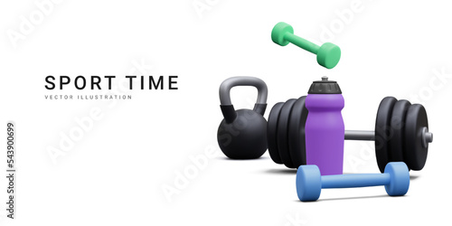 3d realistic banner with kettlebell, dumbbells and bottle isolated on white background. Vector illustration