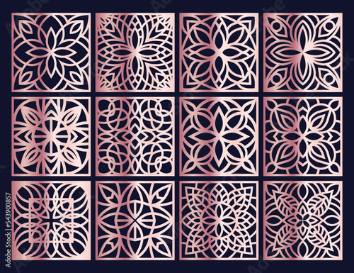 Laser cut Square patterned templates set. Coasters for drink collection with abstract ornament. Wood carwing templates, interior design, vector.	