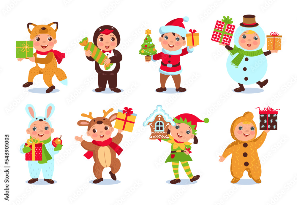 Cute little kids hold Christmas gifts. Funny children in holiday costumes with different New Year souvenirs. Santa elf and animal clothing. Festive outfits. Splendid vector Xmas set Cute little kids hold Christmas gifts. Funny children in holiday costumes with different New Year souvenirs. Santa elf and animal clothing. Festive outfits. Splendid vector Xmas set