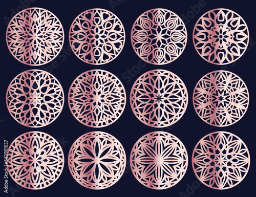 Set decorative circle coaster for laser cutting. Round abstract geometric coaster card. Laser cut design. Vector illustration	