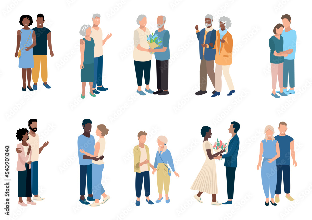 Vector set of couples in love of different ages on a white background. Men and women walk, hug, give flowers and are happy together.