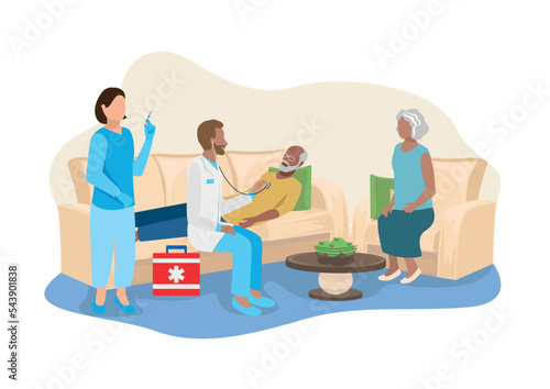 Paramedics provide medical care to an elderly patient at home. Call an ambulance at home. Thank you doctors and nurses for saving lives. Vector illustration.