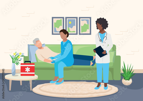 Paramedics provide medical care to an elderly patient at home. Call an ambulance at home. Thank you doctors and nurses for saving lives. Vector illustration.