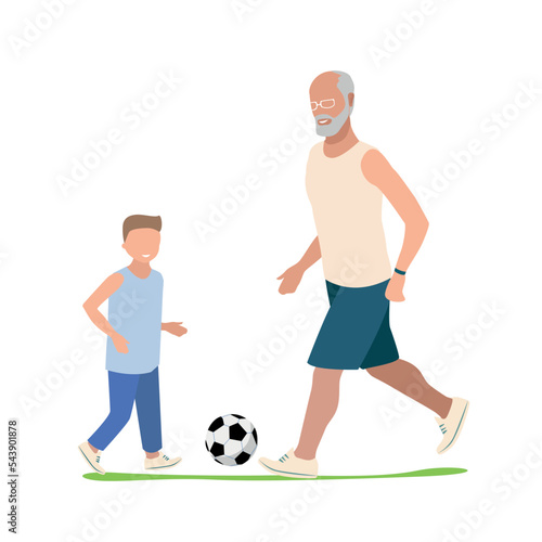 Grandfather plays football with his grandson. Active pensioners and time with grandson. Vector illustration isolated on white background.