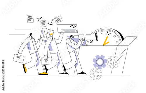 The development team walks past the clock box. Vector illustration on the theme of timeboxing.