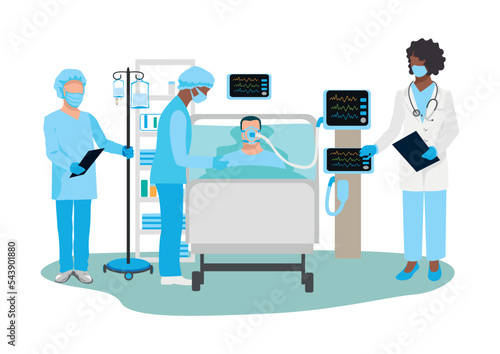 Doctor and nurses care for patients in the intensive care unit. Thank you nurses and doctors. Medical technology and life saving. vector illustration.