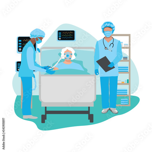 Doctor and nurses care for patients in the intensive care unit. Thank you nurses and doctors. Medical technology and life saving. vector illustration.