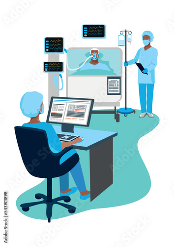 Doctor and nurses care for patients in the intensive care unit. Thank you nurses and doctors. Medical technology and life saving. vector illustration.