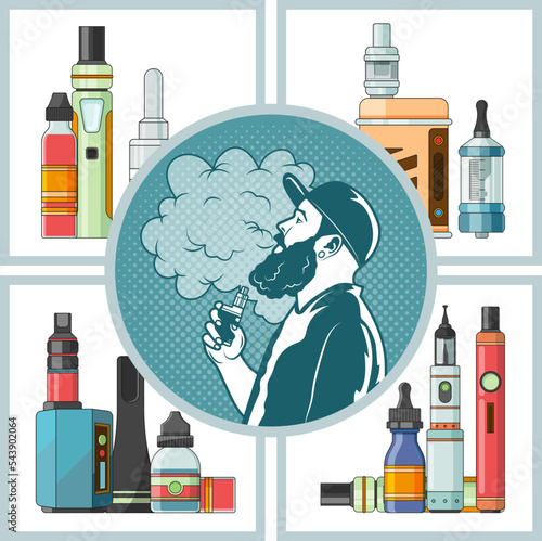 Vape tools. collections of electronic cigarettes for vaping. vector templates