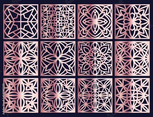 Laser cut Square patterned templates set. Coasters for drink collection with abstract ornament. Wood carwing templates, interior design, vector.	