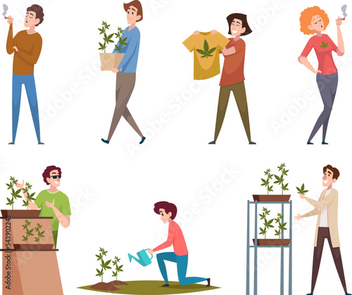 Cannabis and drugs. People grow plants baking foods from cannabis exact vector cartoon characters in action poses