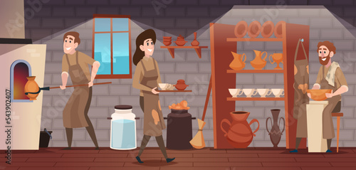 Modelling clay pot. People handmade clay kitchen utensils exact vector cartoon background