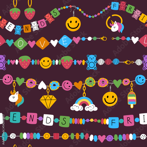 Kids jewelry pattern. Plastic fashioned beads 90s style colored elements recent vector cartoon set