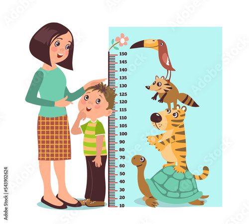 Measuring kids height with parent. Mom helps son with growth scale indicator. Ruler with exotic animals. Cute turtle, tiger or raccoon. Childish stadiometer. Splendid vector concept
