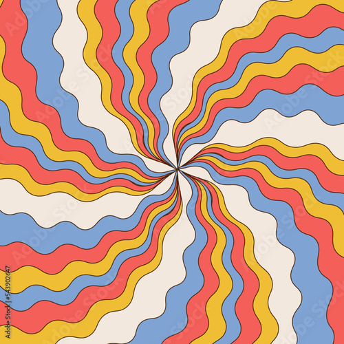 Colourful twirl retro burst psychedelic background. Vintage grunge summer, circus and carnival backdrop. 70s wavy vintage squate backdrop. Contour vector illustration.