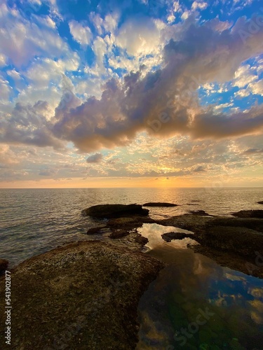 Beautiful amazing panorama. Travel landscape country Turkey in Side. Inspiring coast and Mediterranean Sea. Summer sunset time.