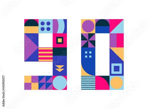 Number 90 from multicolored geometric shapes, cubes isolated on white. Neo geo