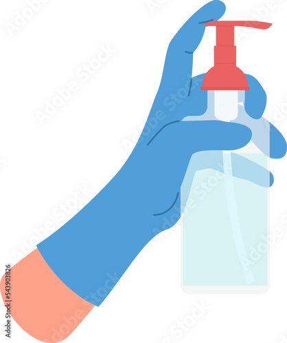 Sanitizer bottle in medical hand. Disenfection infographic