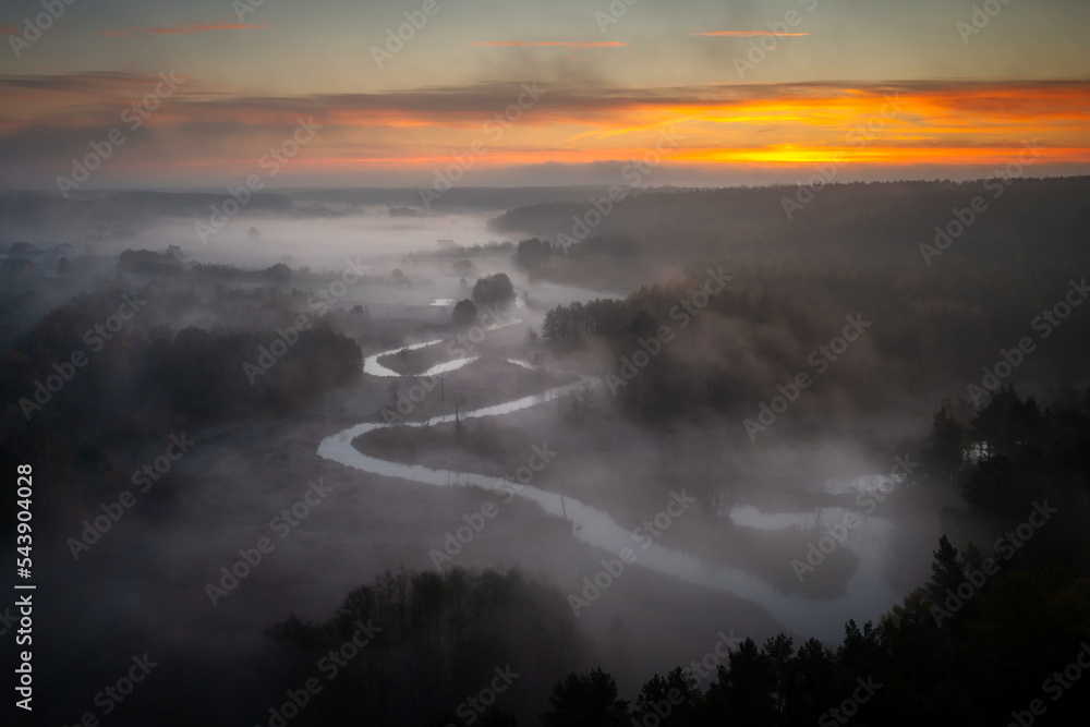 Radunia River meanders at sunrise, Kashubia. Poland