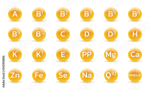 Vitamin, mineral 3d icon set. Nutrition, food supplement design. Multivitamin complex with C, B, E, D vitamins. Vector illustration.