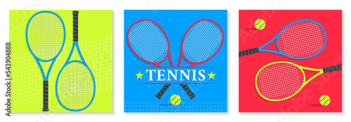 Tennis square poster set with tennis rackets and balls. Sport tournament logo or label. Banner, flyer, brochure design template. Vector illustration.