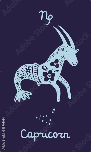 Zodiac signs card. Astrological symbol. Patterned silhouette animal. Capricorn constellation. Astrology calendar. Star scheme. Floral ornament. Doodle creature. Vector zodiacal icon