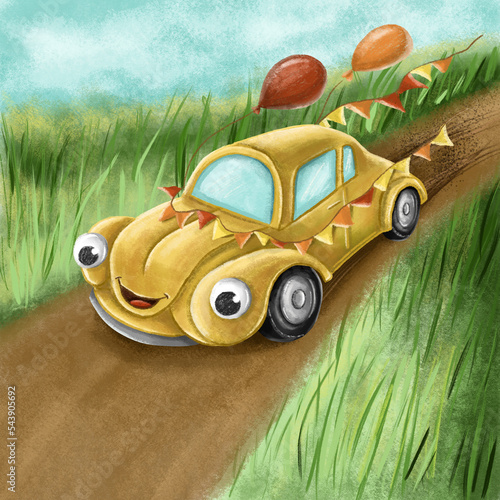 Yellow cartoon car riding in the field with festive balloons