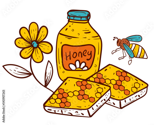Honey bee honeycomb flask bottle propolis hive isolated on white background. Vector graphic design element illustration