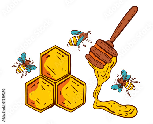 Honey bee honeycomb flask bottle propolis hive isolated on white background. Vector graphic design element illustration