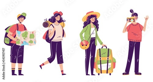 Travel tourist people with backpack active lifestyle concept set. Vector graphic design element illustration
