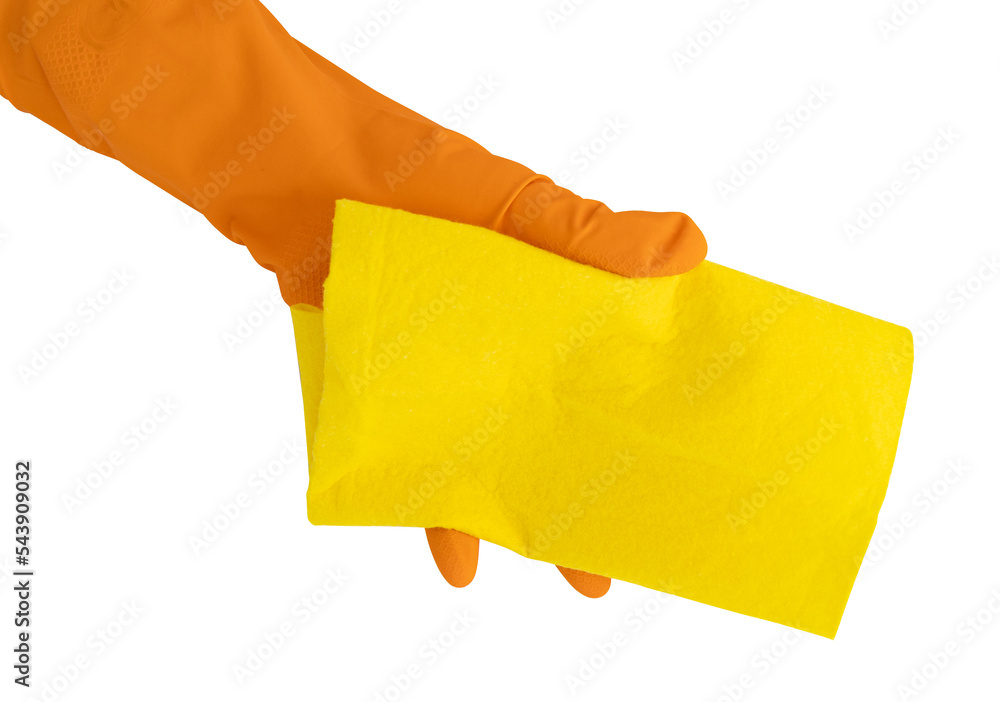 hand in rubber glove holds yellow rag on white background, house cleaning concept hand in rubber glove holds yellow rag on white background, house cleaning concept