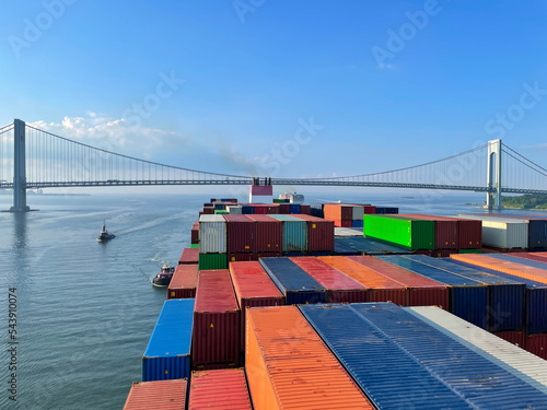 Aft part of container ship passed Verrazzano-Narrows Bridge and proceed to New York port