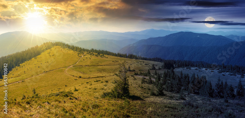 green nature environment of trascarpathia at twilight. day and night time change concept. scenery in mountains of chornohora ridge in summer with sun and moon. landscape with spruce forest on the hill