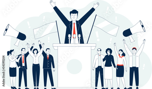 Political leader or candidate speak from tribune. Politics characters, youth revolution power. Vote government campaign with flags, recent election vector scene