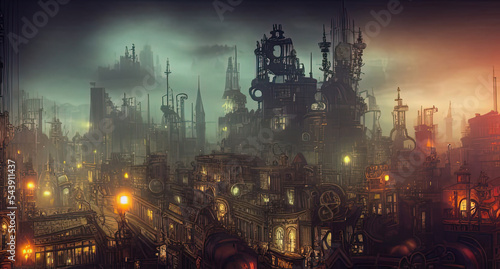 illustration of a steampunk cityscape, illuminated buildings, misty, digital art photo