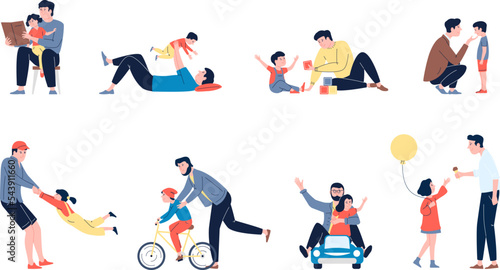 Fathers play with children. Son and dad, family happy game time. Fatherhood, single parent support and care kids. Parenthood recent vector characters