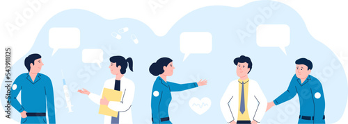 Paramedic and doctor flat cartoon characters. Doctors appointment, nurse paramedics staff. Modern medical people chat, young ambulance recent vector team