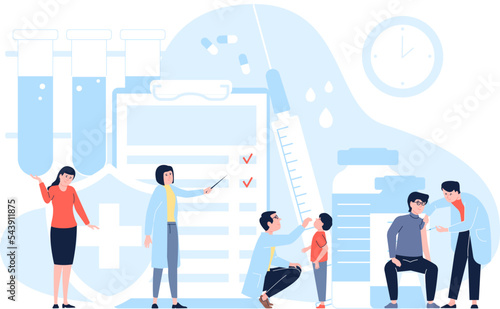 Medical vaccination concept. People and doctors, vaccine receiving. Flu prevention and immunization. Healthcare and medicine, recent vector scene