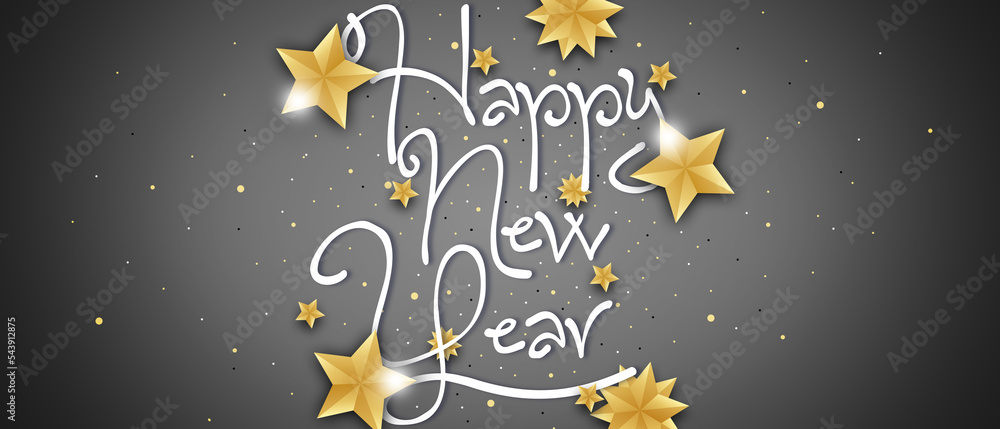 Fototapeta premium Happy new year with calligraphic text with golden star on grey background 