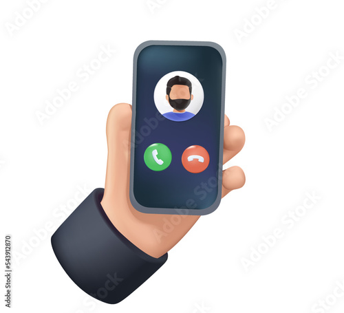 Incoming call on mobile phone. Hand holding smartphone answer and decline buttons on screen. Finger clicking to accept on telephone display. 3D render vector illustration isolated on white background